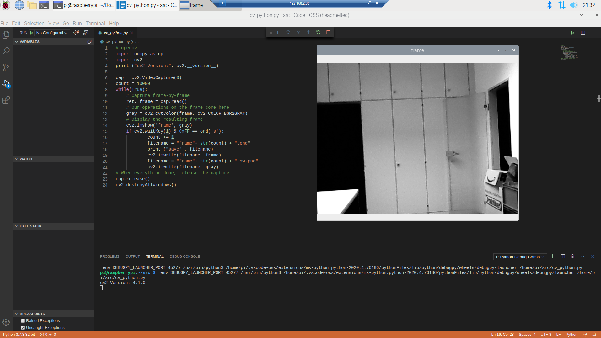 2020 05 04 Raspberry Pi VS Code Opencv Running in RDP