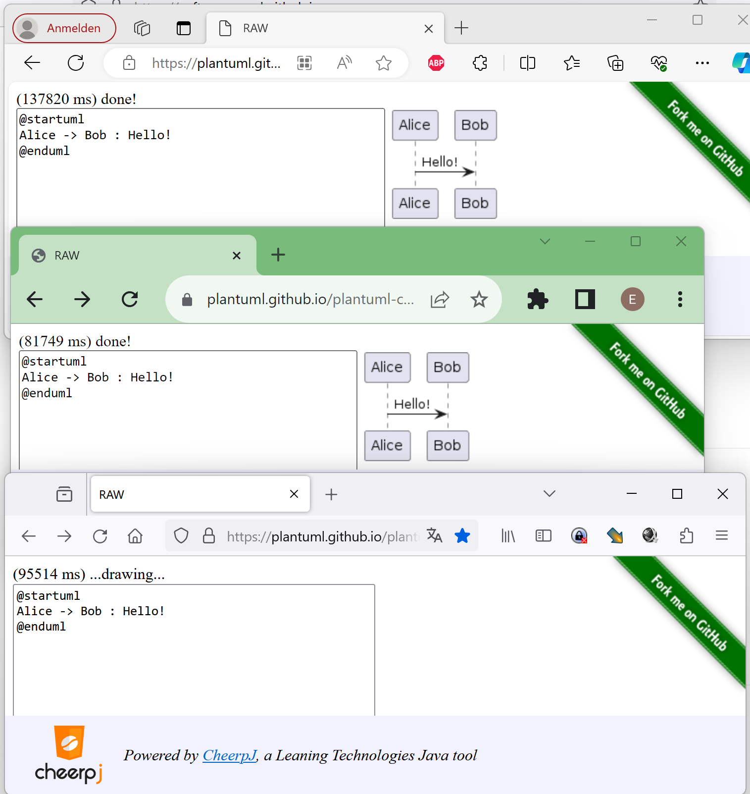 Comparison Plant UML JS Rendering Time: Edge, Chrome und Firefox