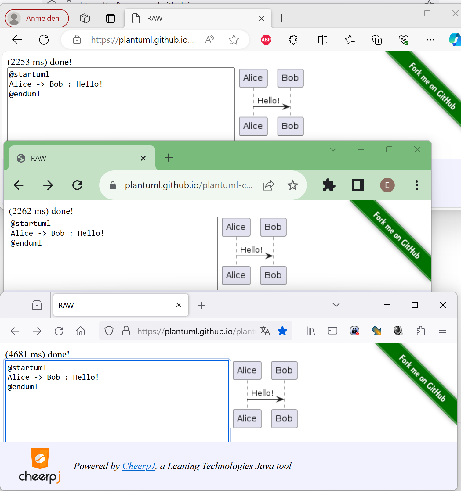 Comparison Plant UML JS Rendering Time: Edge, Chrome und Firefox